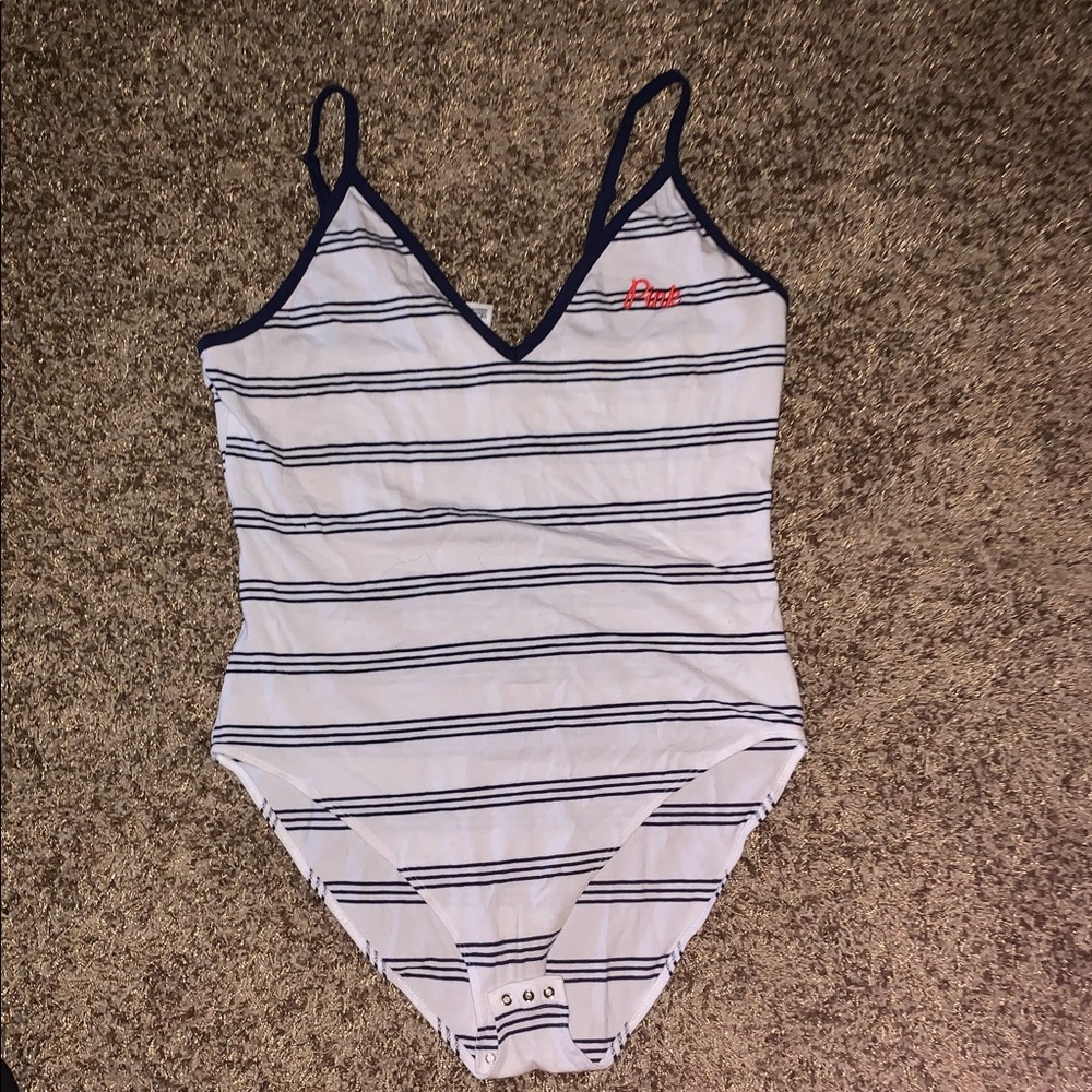 PINK Navy Blue & White Body Suit w/ Red Lettering